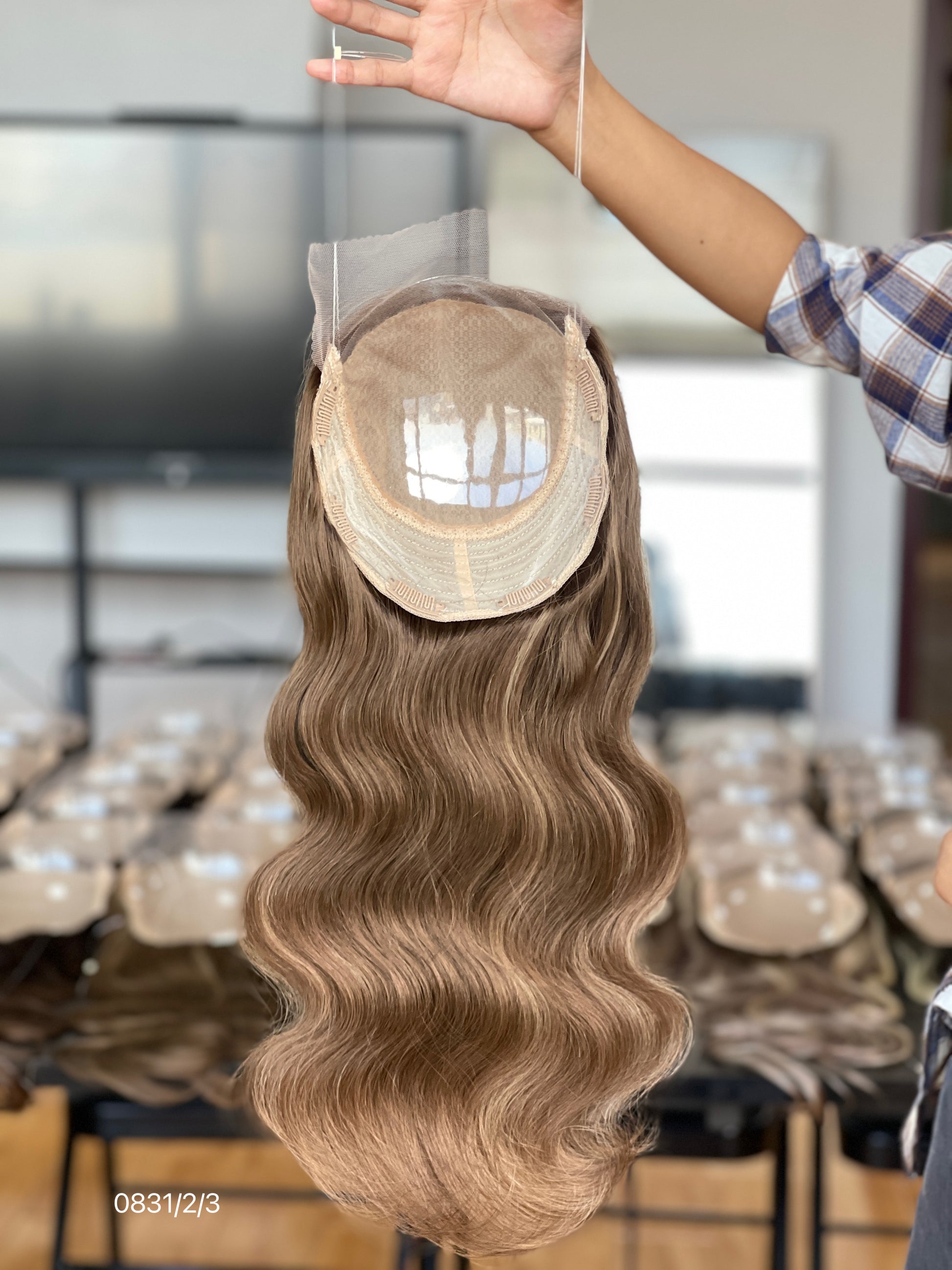 Chocolate Brown Center-Part Long Wavy Human Hair Topper Mini Wig, product view 4