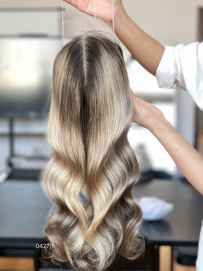 Chocolate Brown Rooted Blonde Long Wavy Human Hair Topper Mini Wig, product view 6