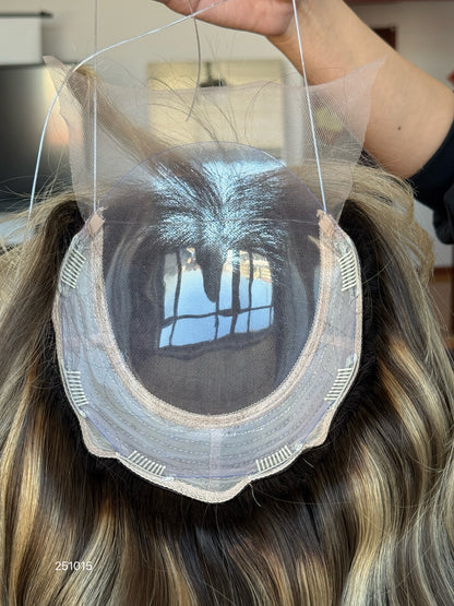 Chocolate Brown Rooted Blonde Long Wavy Human Hair Topper Mini Wig, product view 7