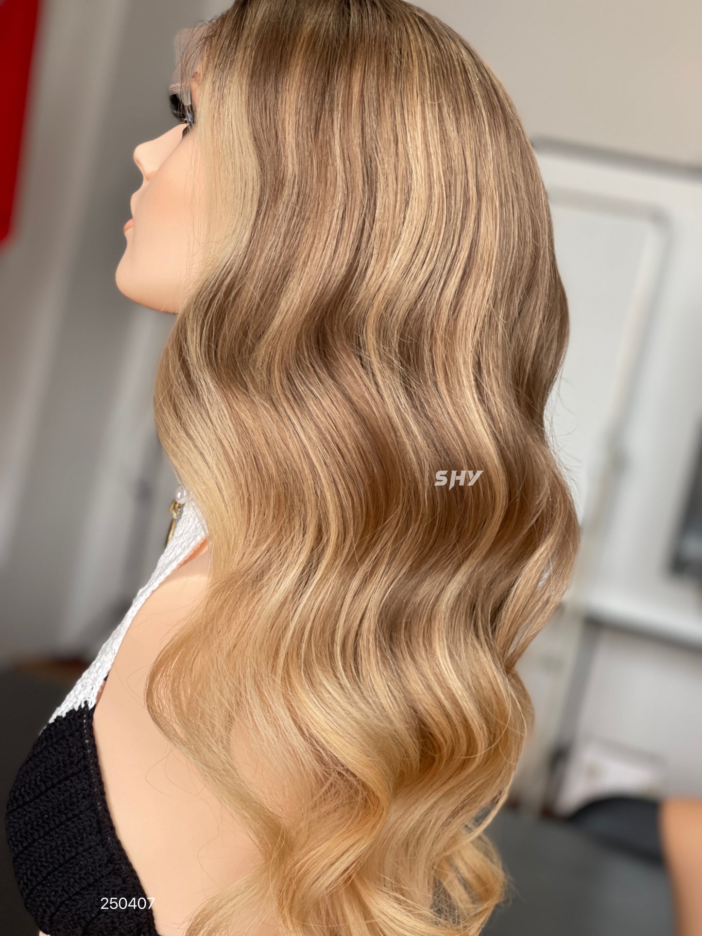 Dark Root Honey Blonde Ombre Middle-Part Body Wave Human Hair Lace Front Glueless Medical Wig, product view 8