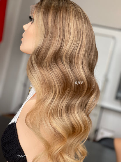 Dark Root Honey Blonde Ombre Middle-Part Body Wave Human Hair Lace Front Glueless Medical Wig, product view 8