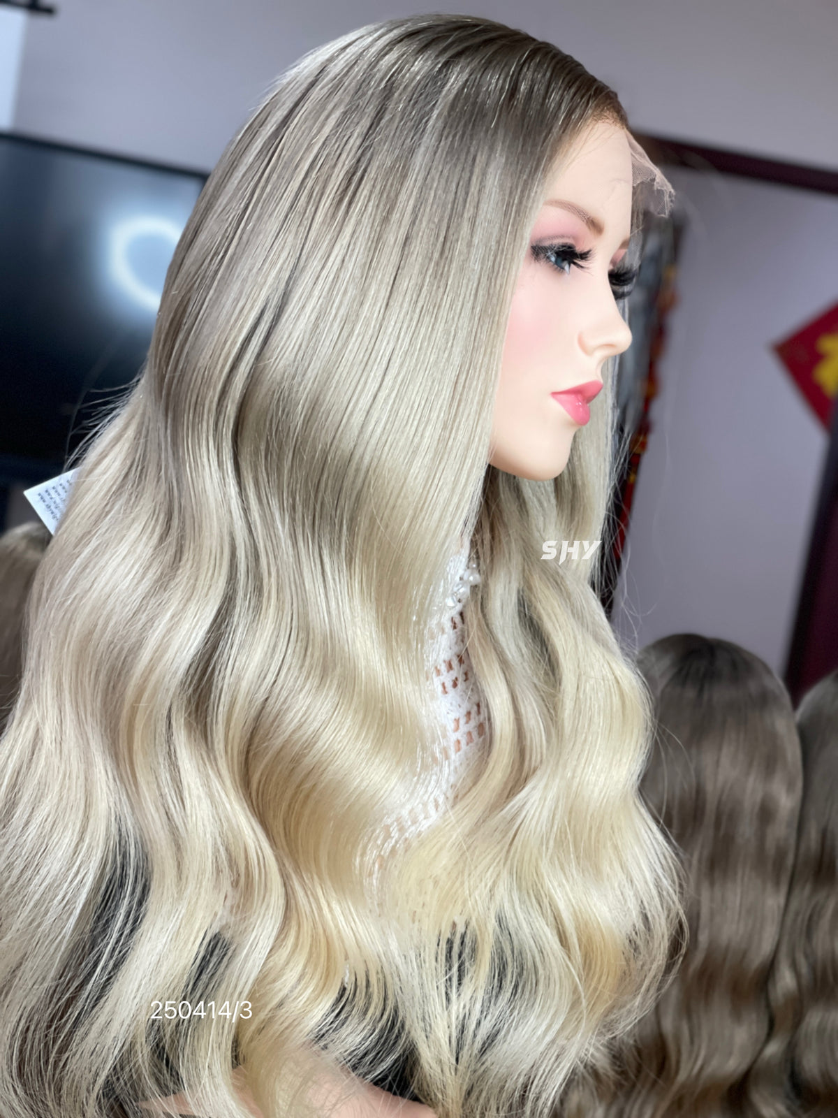 Ash Blonde Dark Root Middle-Part Body Wave Human Hair Lace Front Glueless Medical Wig, product view 8