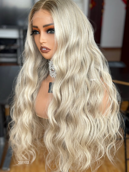 Cool Ash Blonde Middle-Part Body Wave Human Hair Lace Front Glueless Medical Wig, product view 8