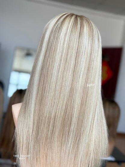 Beige Blonde Highlighted Middle-Part Shoulder-Length Straight Human Hair Lace Front Glueless Medical Wig, product view 8