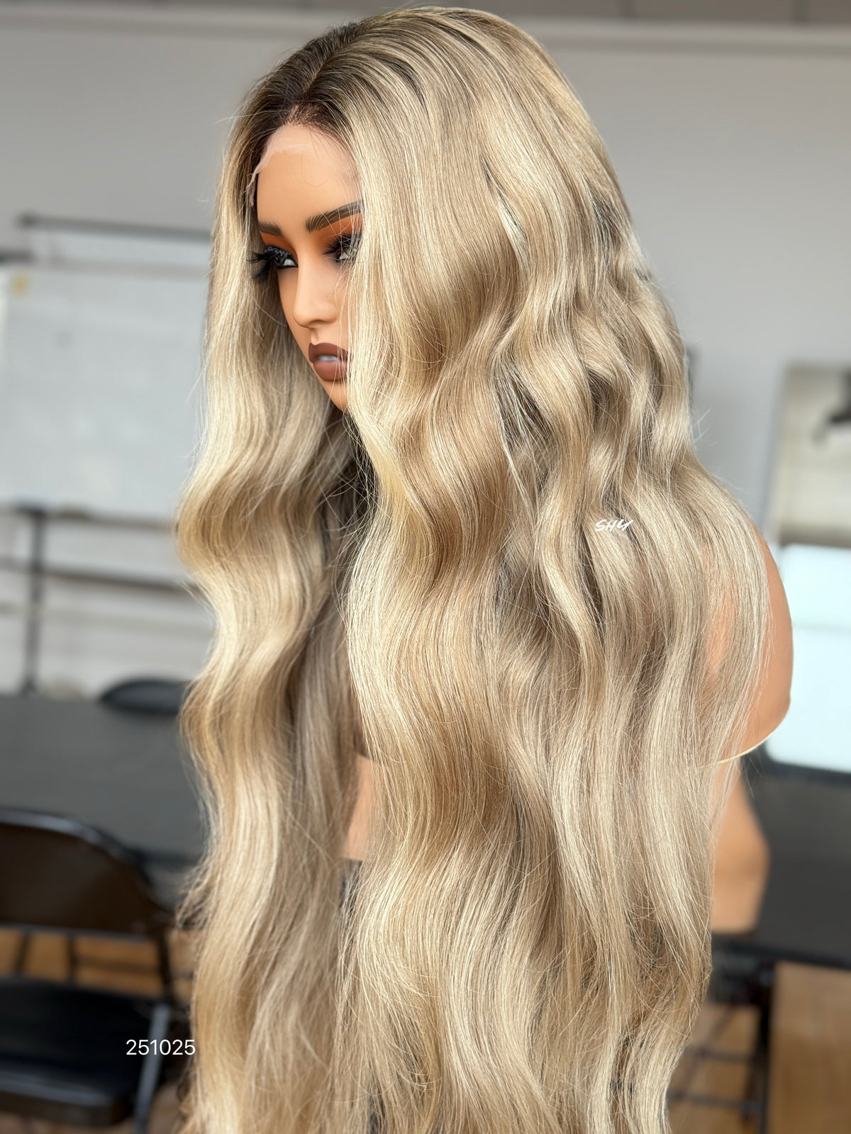 Champagne Blonde Middle-Part Body Wave Human Hair Lace Front Glueless Medical Wig, product view 8