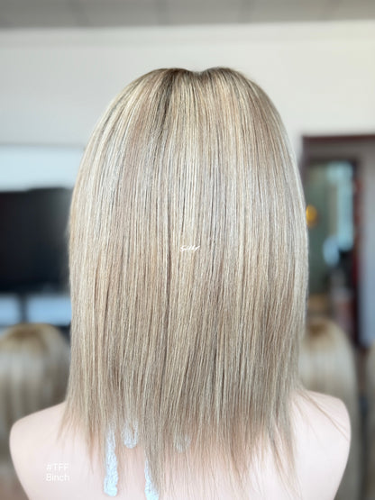 Dark Root Ash Blonde Highlighted Side-Part Straight Bob Human Hair Lace Front Glueless Medical Wig, product view 8