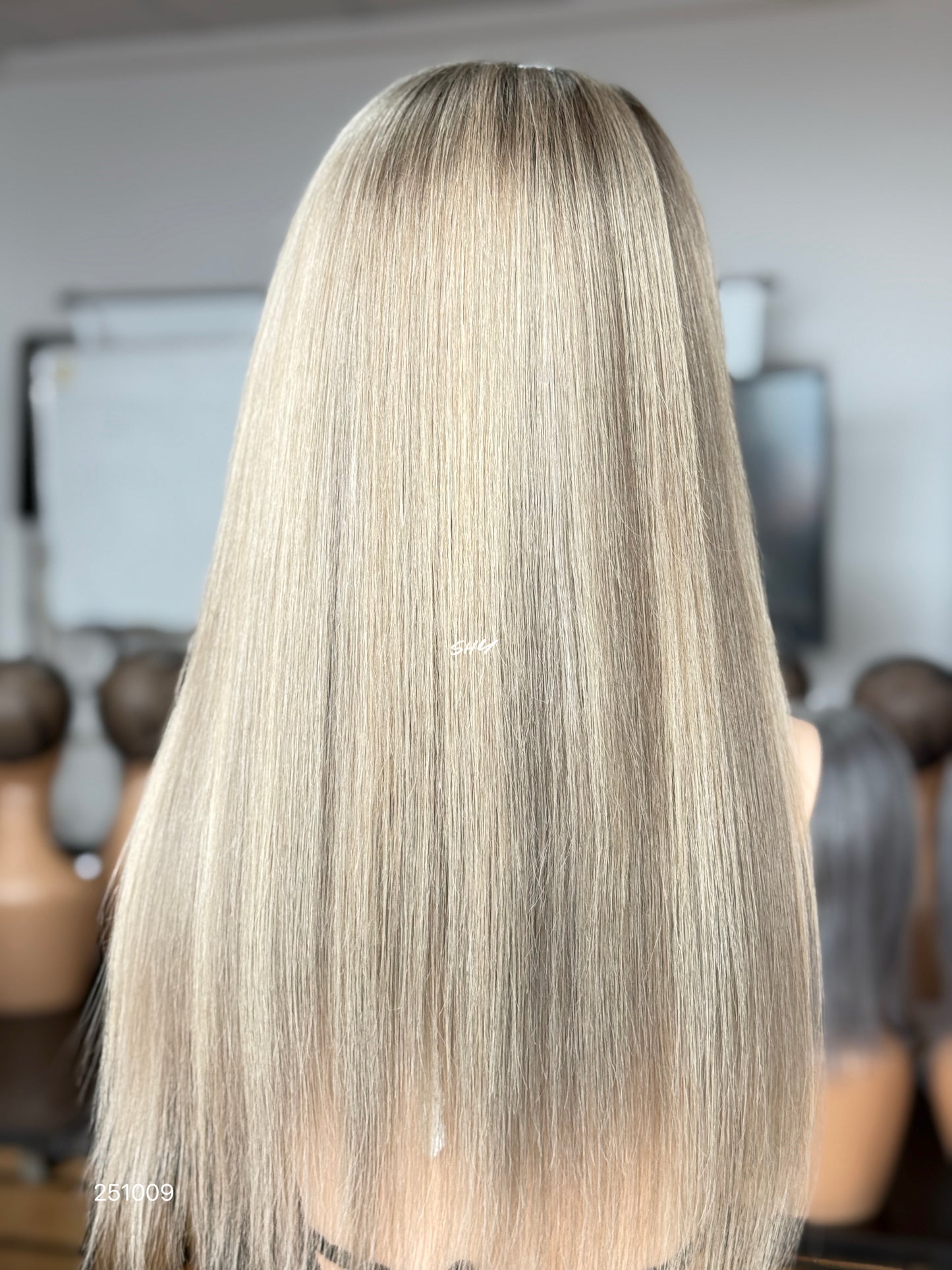 Ash Blonde Highlighted Full Bangs Shoulder-Length Straight Human Hair Lace Front Glueless Medical Wig, product view 8