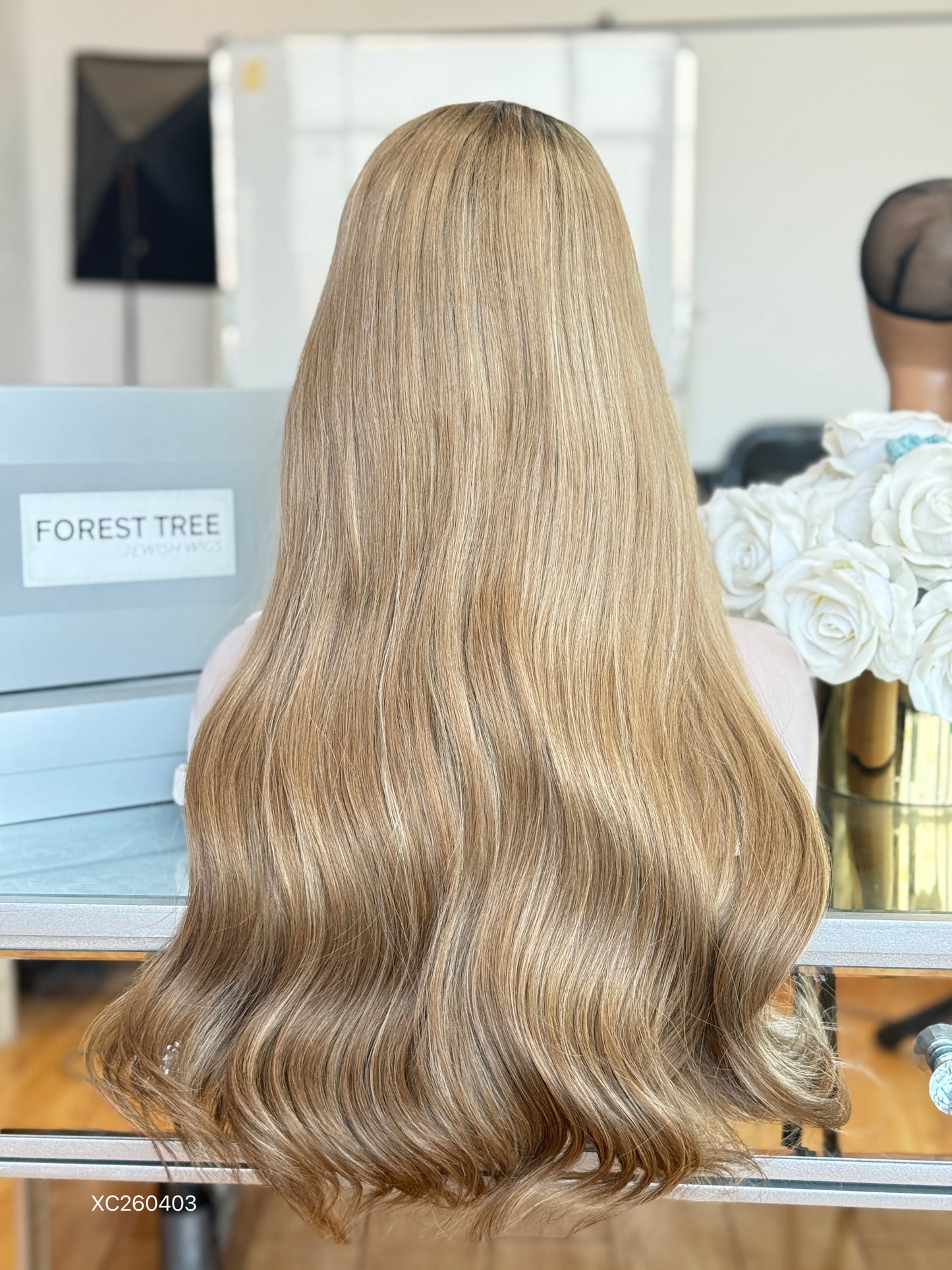 Dark Root Sandy Blonde Middle-Part Long Wavy Human Hair Sheitel Wig, product view 8