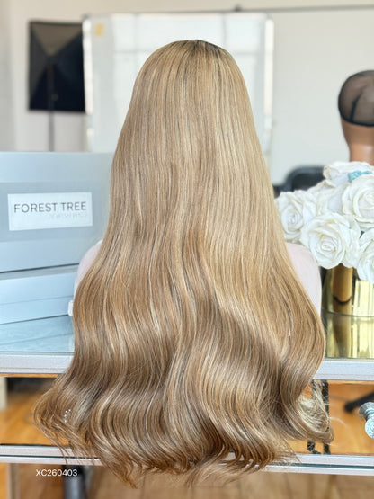 Dark Root Sandy Blonde Middle-Part Long Wavy Human Hair Sheitel Wig, product view 8