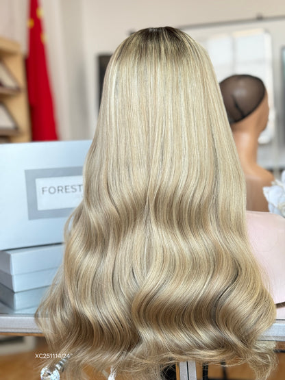 Dark Root Champagne Blonde Long Wavy Human Hair Sheitel Wig, product view 8