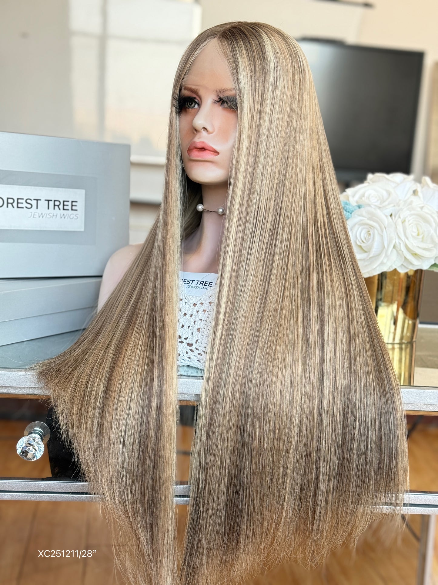 Light Ash Blonde Middle-Part Long Straight Human Hair Sheitel Wig, product view 8
