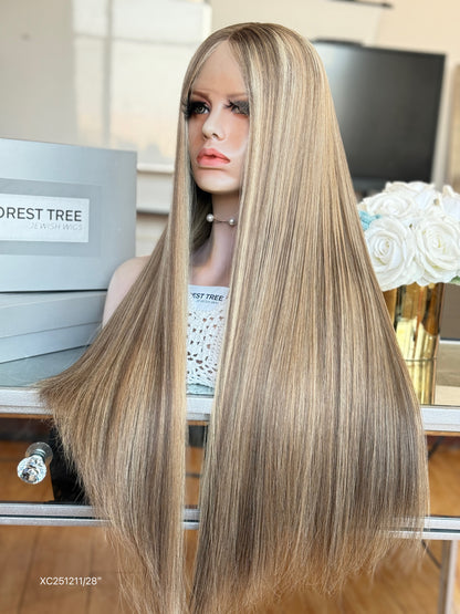 Light Ash Blonde Middle-Part Long Straight Human Hair Sheitel Wig, product view 8
