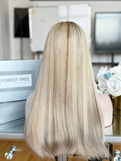 Pale Ash Blonde Middle-Part Long Straight Human Hair Sheitel Wig, product view 8