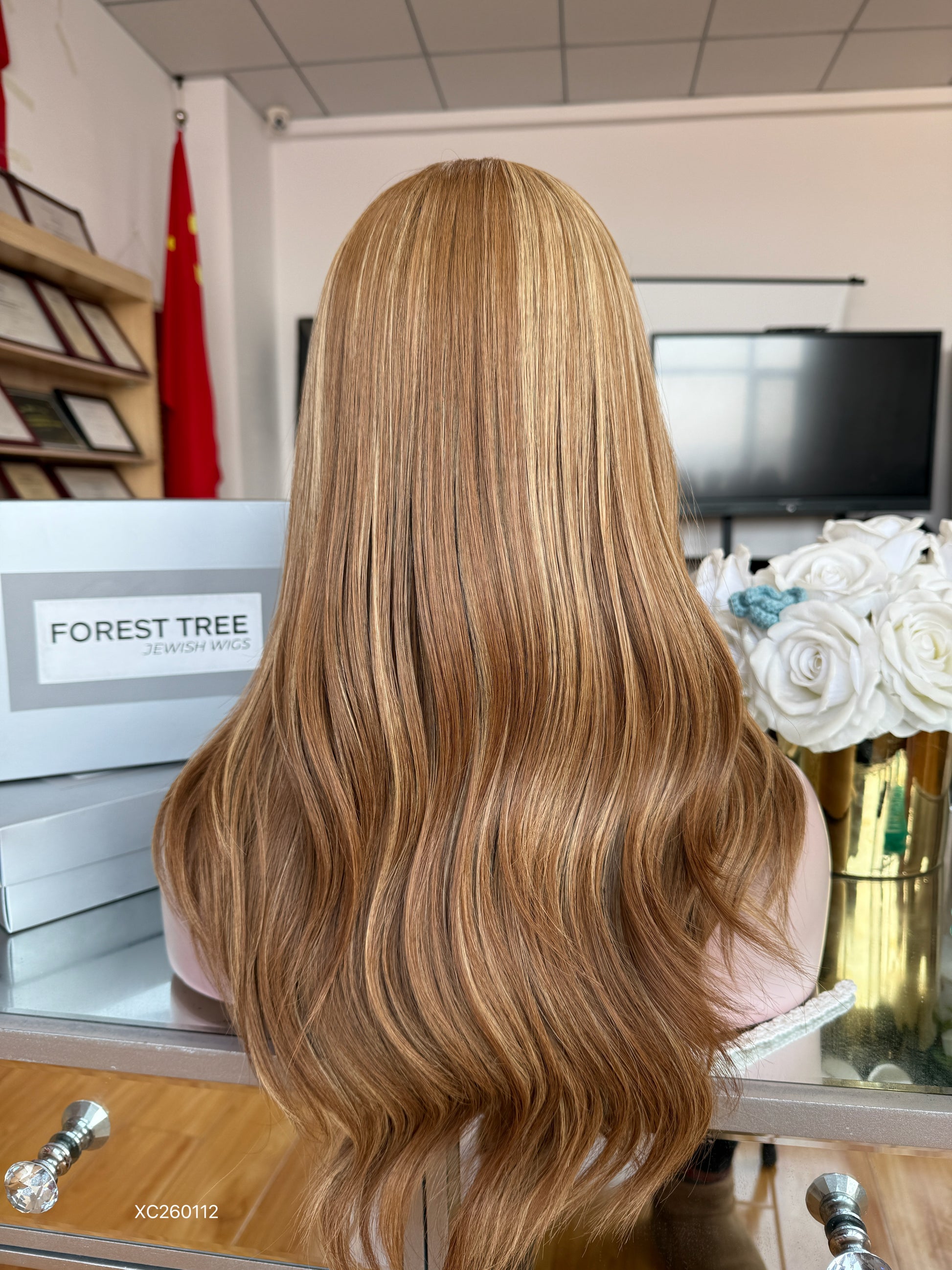 Honey Blonde Middle-Part Long Wavy Human Hair Sheitel Wig, product view 8