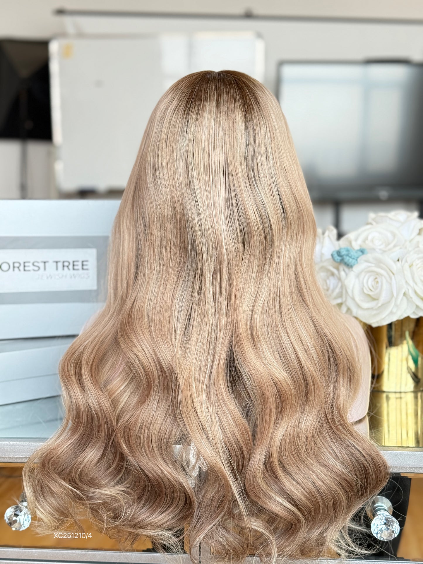 Beige Blonde Middle-Part Long Wavy Human Hair Sheitel Wig, product view 8