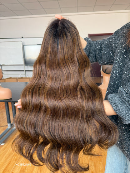 Warm Chocolate Brown Middle-Part Long Wavy Human Hair Sheitel Wig, product view 8