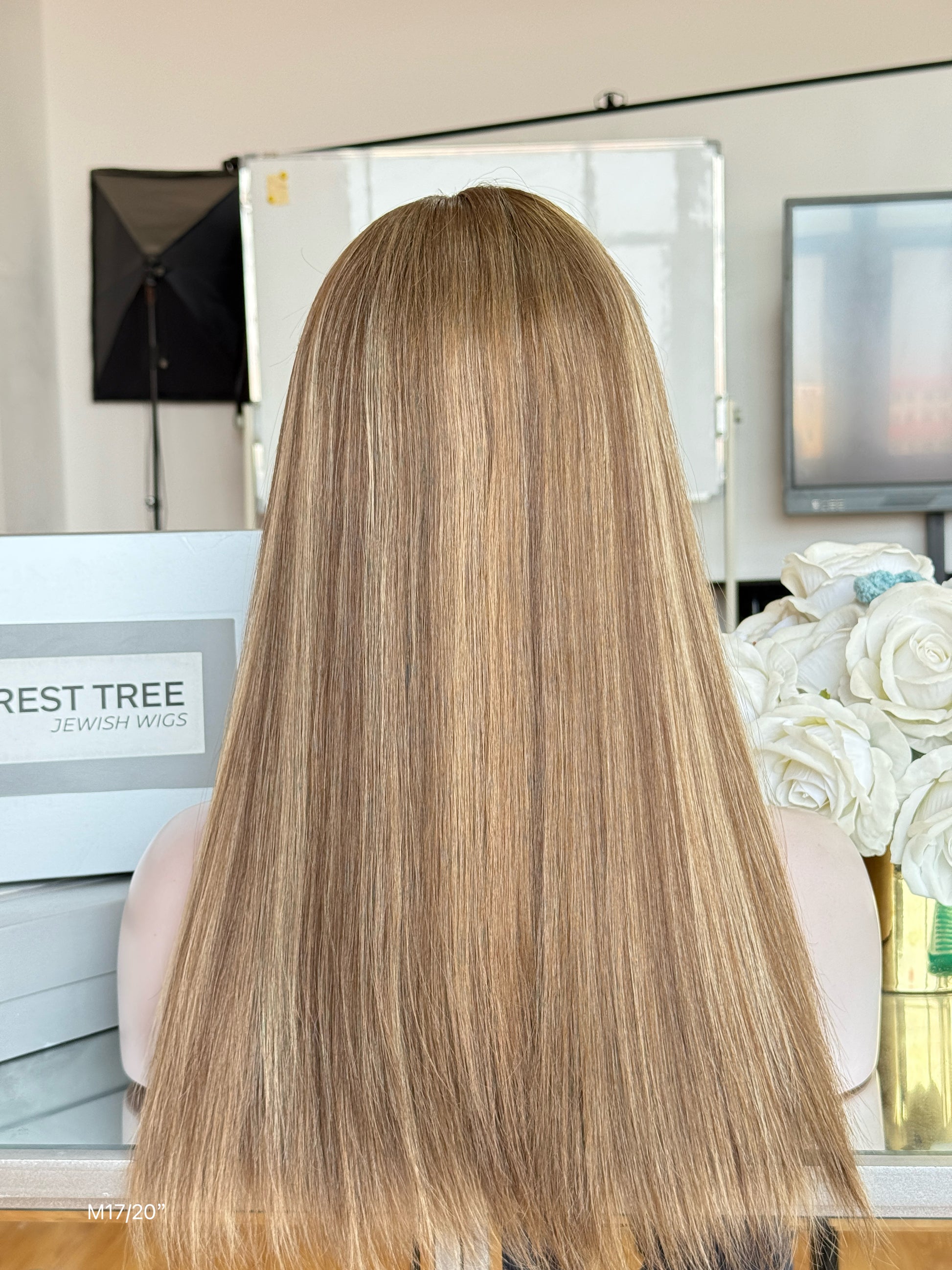 Golden Ash Brown Middle-Part Long Straight Human Hair Sheitel Wig, product view 8