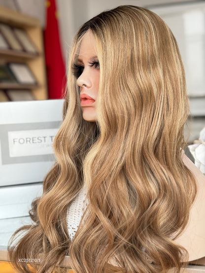 Dark Root Honey Blonde Middle-Part Long Wavy Human Hair Sheitel Wig, product view 8