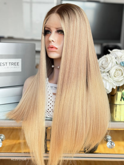 Champagne Blonde Middle-Part Long Straight Human Hair Sheitel Wig, product view 8