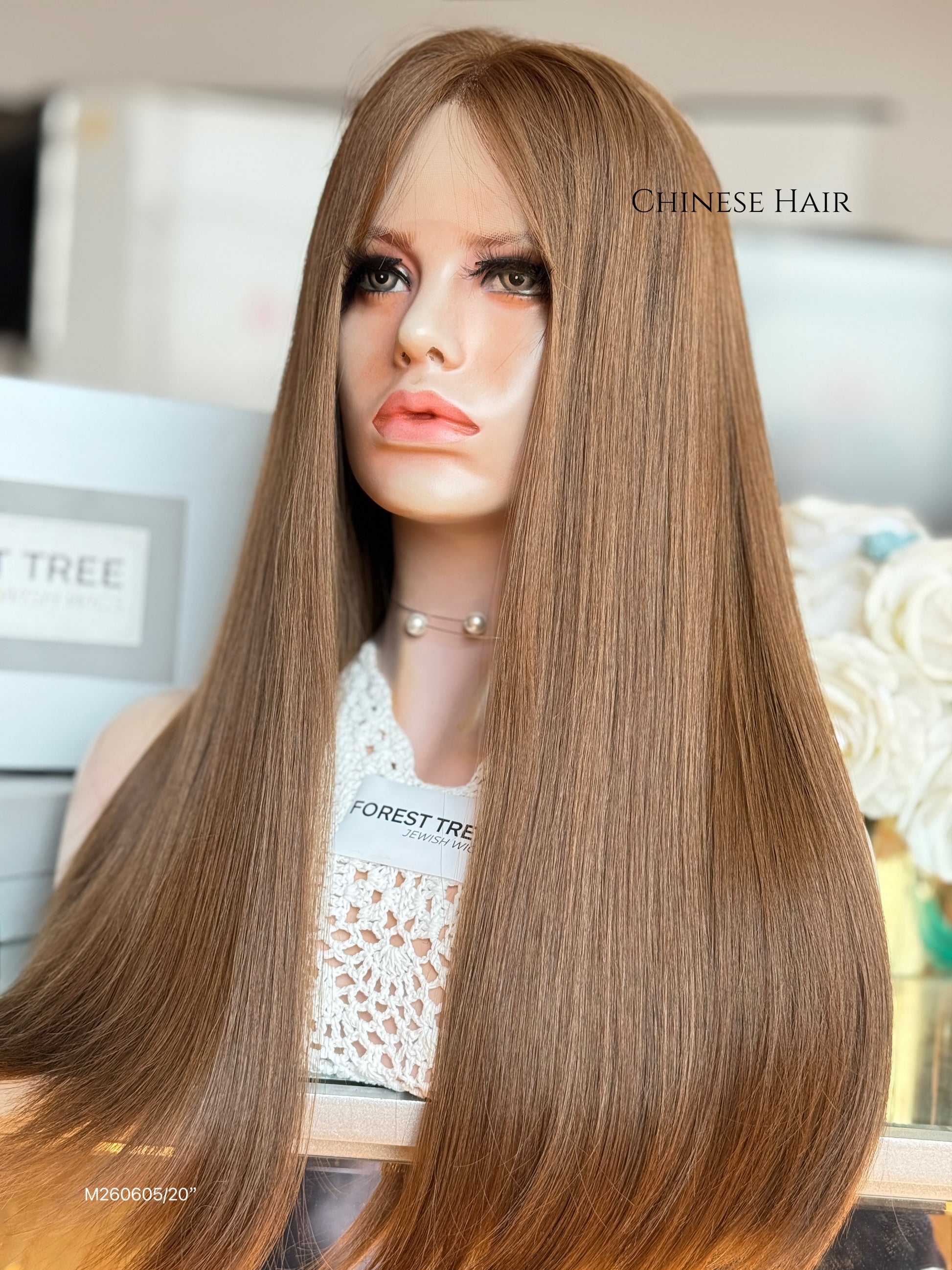 Light Walnut Brown Middle-Part Long Straight Human Hair Sheitel Wig, product view 8