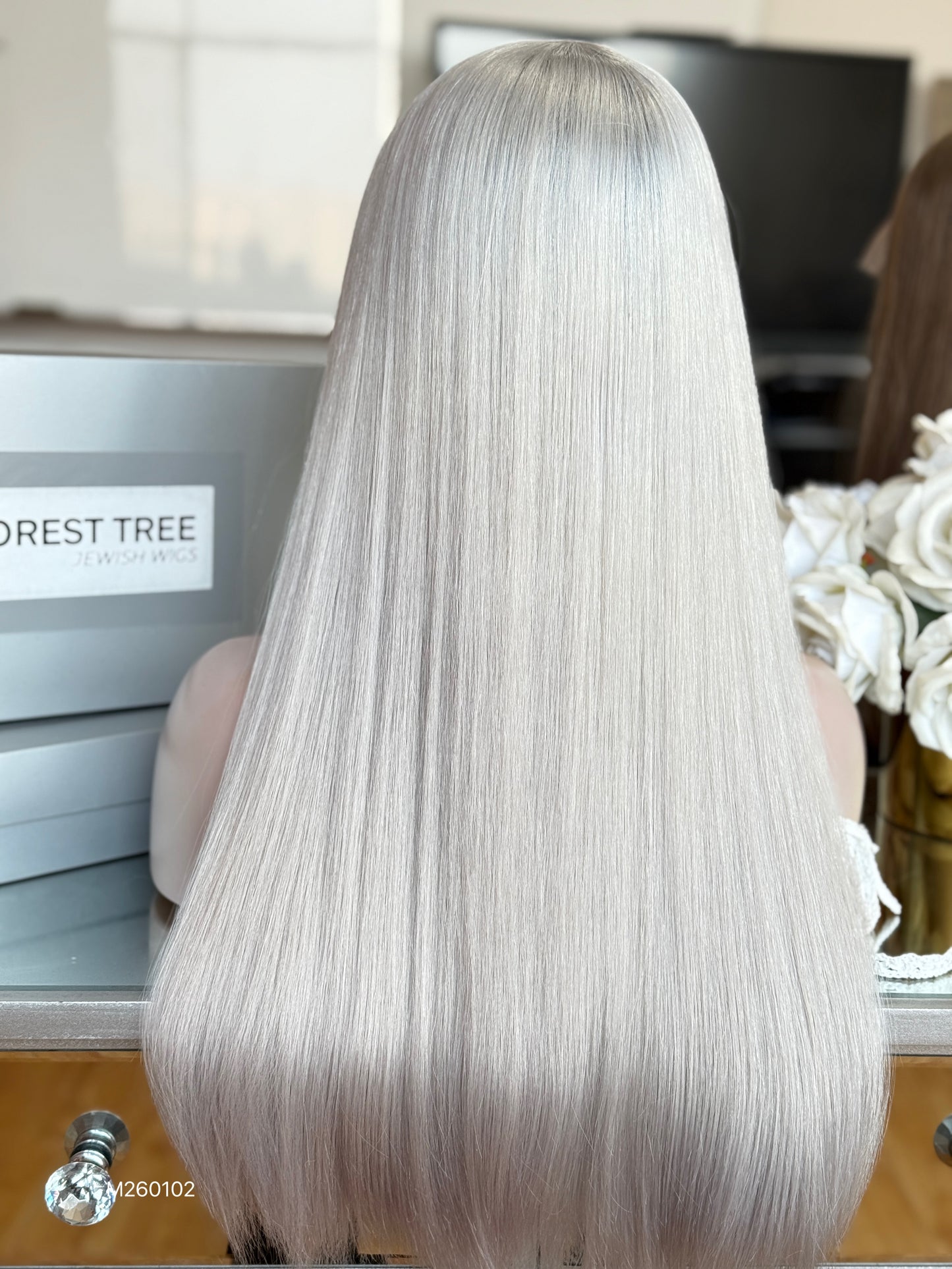 Platinum Blonde Middle-Part Long Straight Human Hair Sheitel Wig, product view 8
