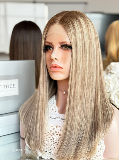 Highlighted Ash Blonde Middle-Part Shoulder-Length Straight Human Hair Sheitel Wig, product view 8