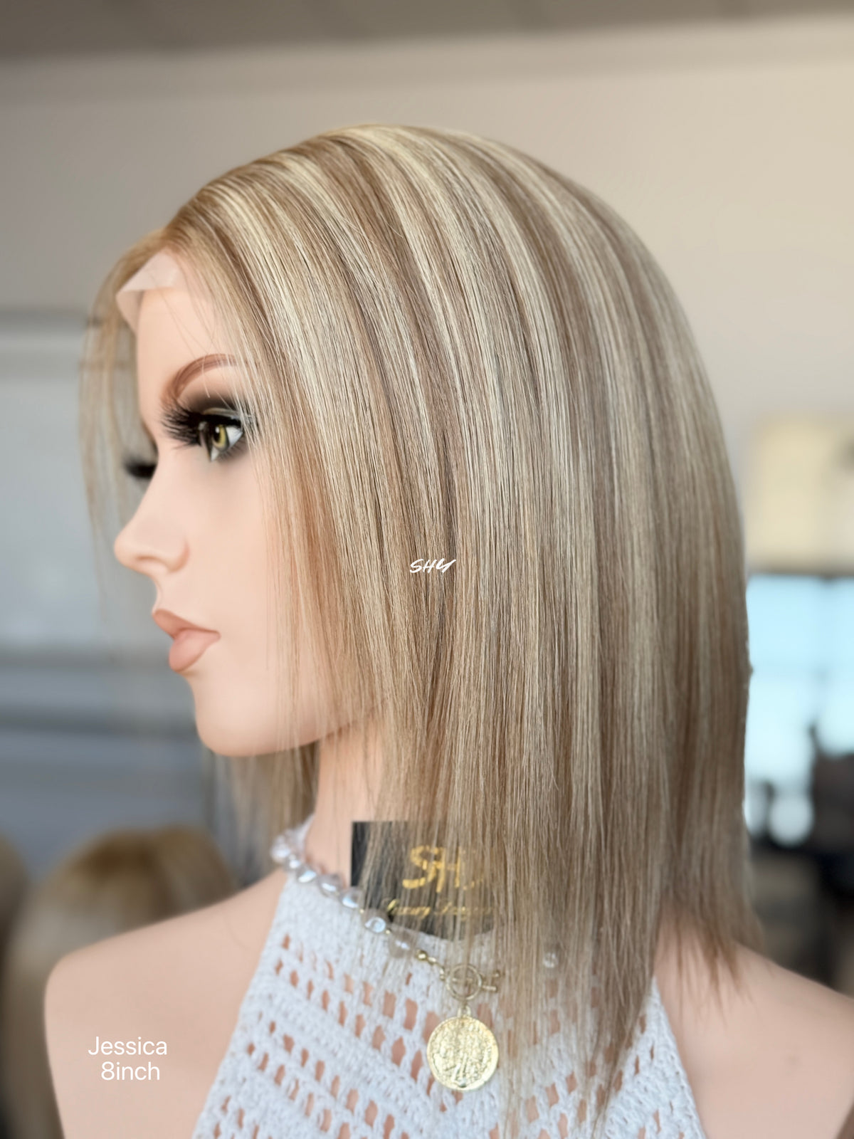 Natural Brown Root Blonde Highlighted Side-Part Straight Bob Human Hair Lace Front Glueless Medical Wig, product view 9