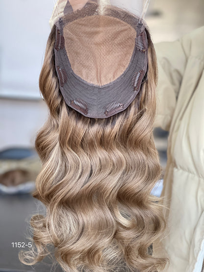 Chocolate Brown Dark-Root Long Wavy Human Hair Topper Mini Wig, product view 8