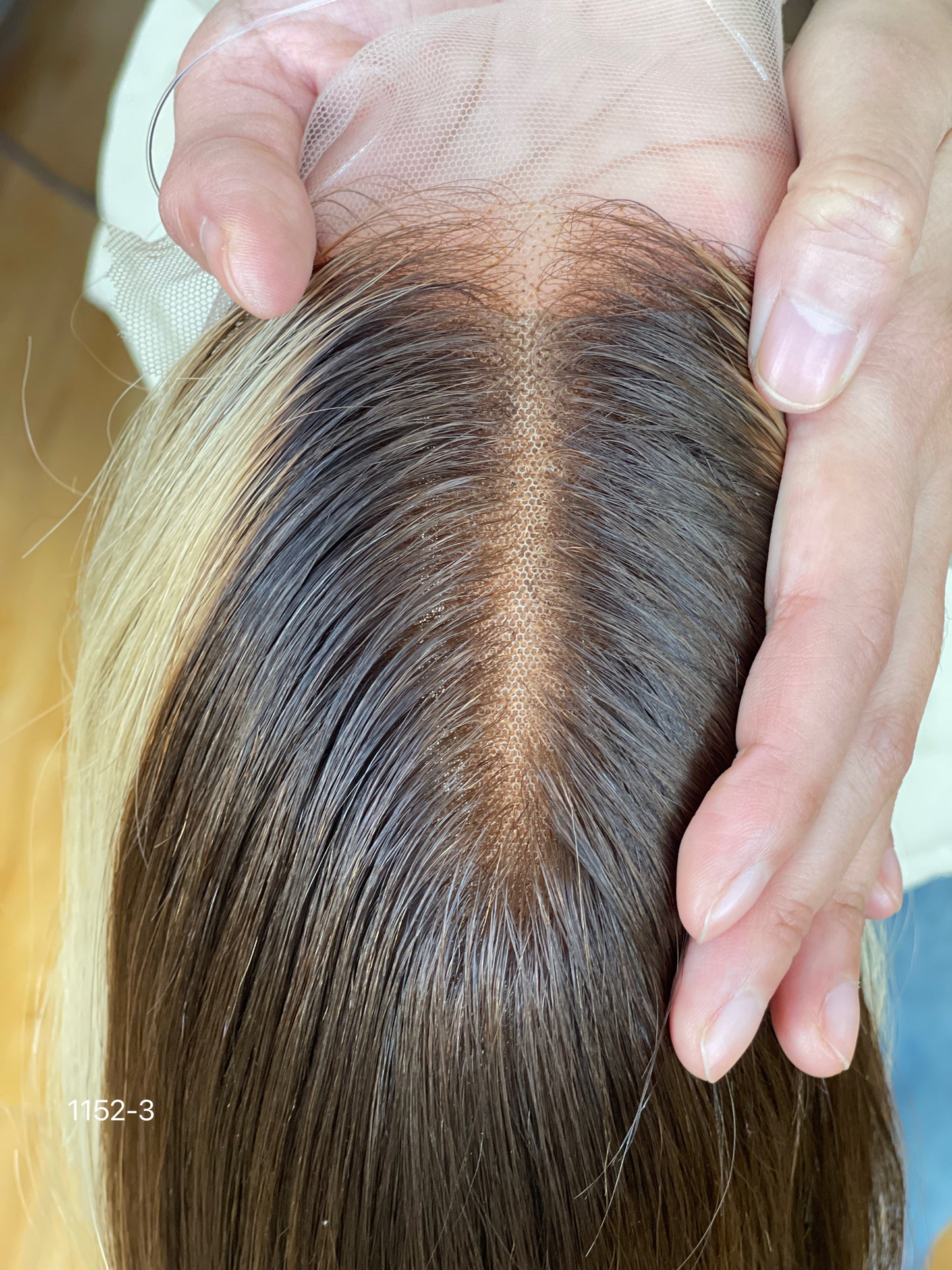 Chocolate Brown Dark-Root Blonde Highlighted Long Wavy Human Hair Topper Mini Wig, product view 7