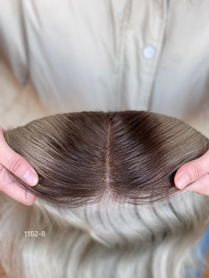 Chocolate Brown Dark-Root Blonde Highlighted Long Wavy Human Hair Topper Mini Wig, product view 7