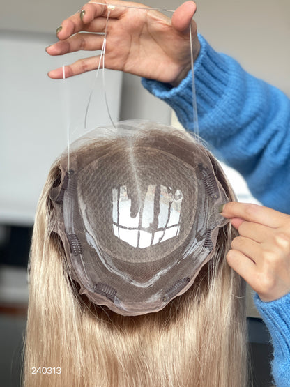 Chocolate Brown Dark-Root Long Wavy Human Hair Topper Mini Wig, product view 8
