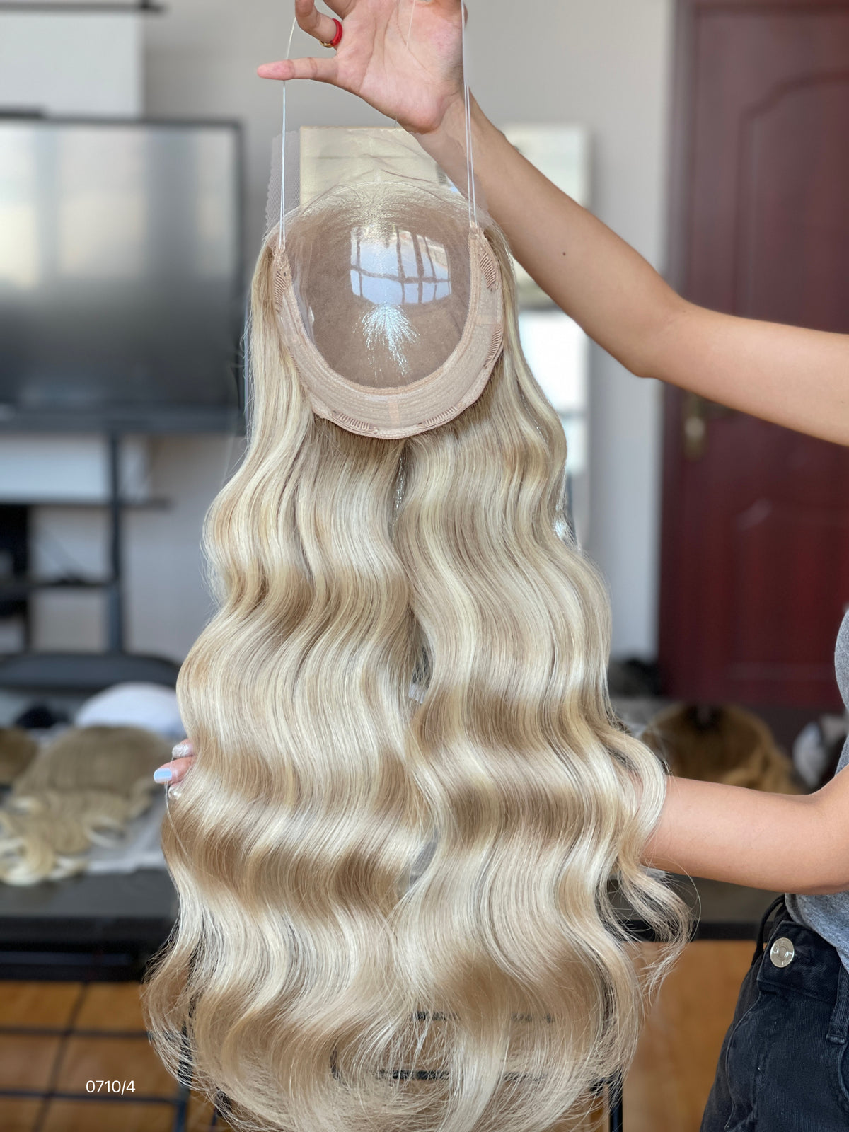 Ash Brown Dark-Root Long Wavy Human Hair Topper Mini Wig, product view 7