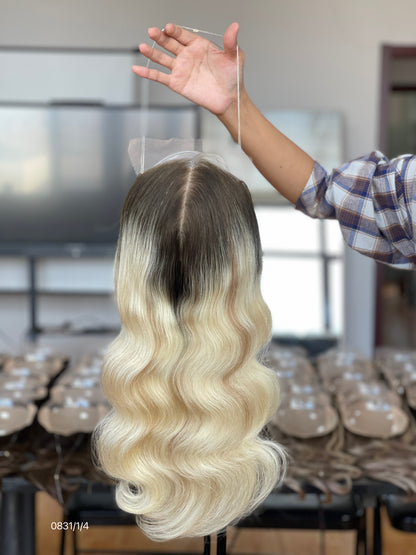 Ash Blonde Dark-Root Long Wavy Human Hair Topper Mini Wig, product view 6