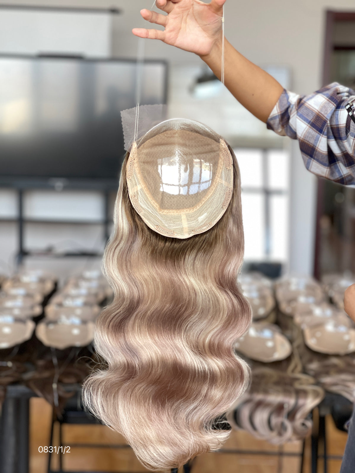 Chocolate Brown Dark-Root Long Wavy Human Hair Topper Mini Wig, product view 5