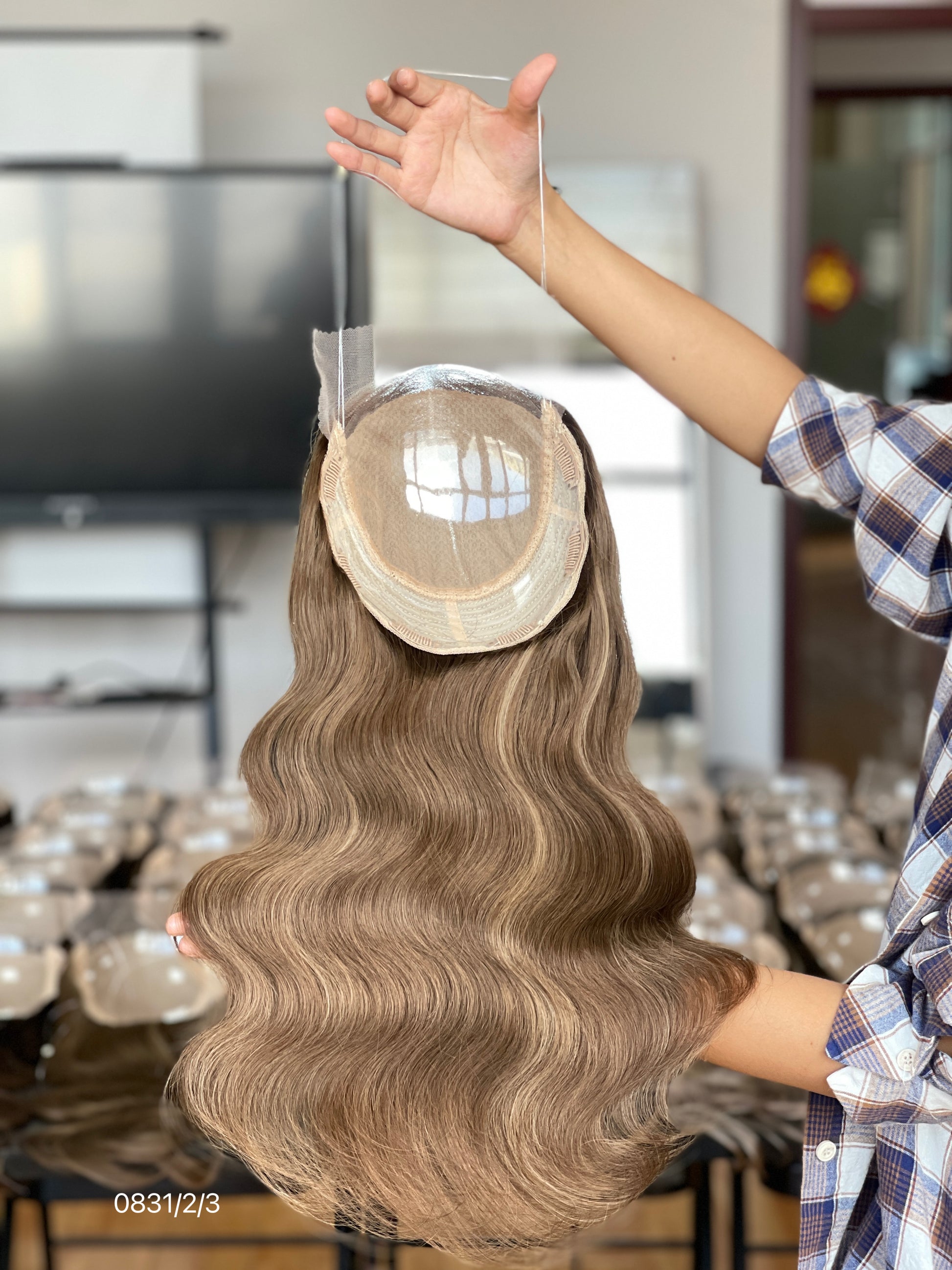 Chocolate Brown Center-Part Long Wavy Human Hair Topper Mini Wig, product view 5