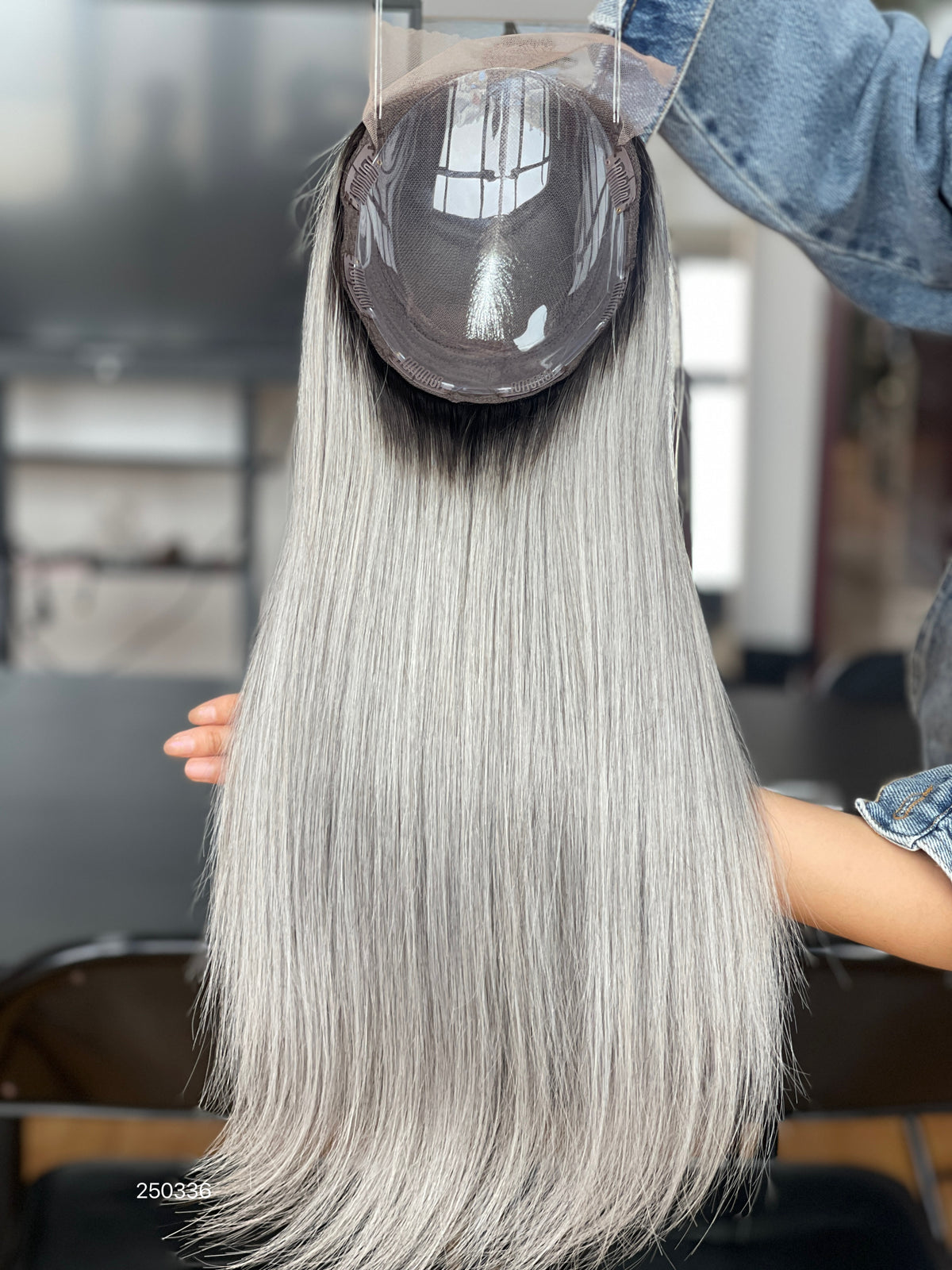 Silver Ash Blonde Long Straight Human Hair Topper Mini Wig, product view 7