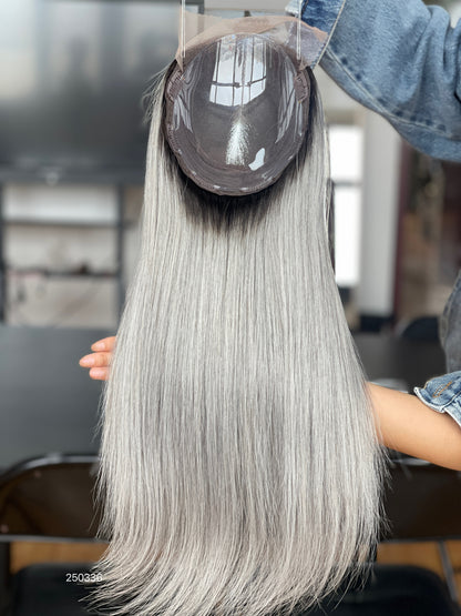 Silver Ash Blonde Long Straight Human Hair Topper Mini Wig, product view 7