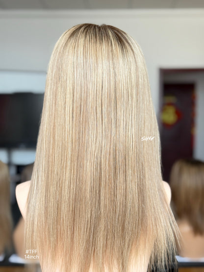 Beige Blonde Highlighted Middle-Part Shoulder-Length Straight Human Hair Lace Front Glueless Medical Wig, product view 9