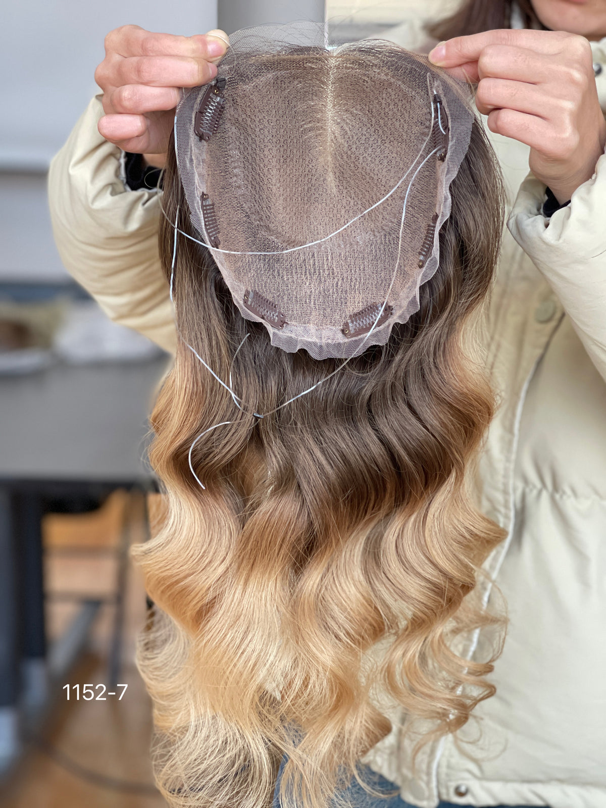Dark-Root Blonde Long Wavy Human Hair Topper Mini Wig, product view 9