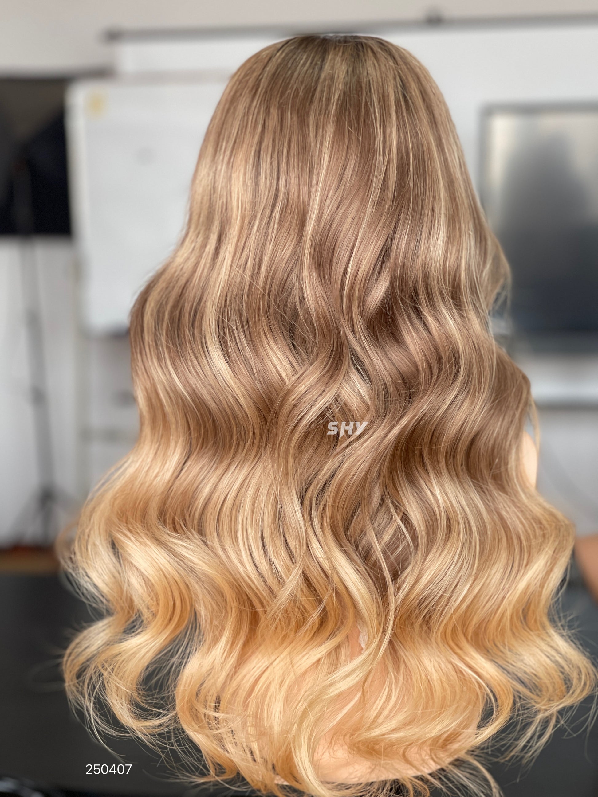 Dark Root Honey Blonde Ombre Middle-Part Body Wave Human Hair Lace Front Glueless Medical Wig, product view 9