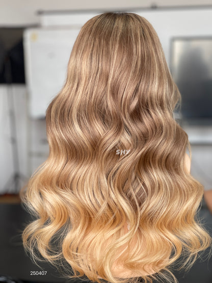Dark Root Honey Blonde Ombre Middle-Part Body Wave Human Hair Lace Front Glueless Medical Wig, product view 9