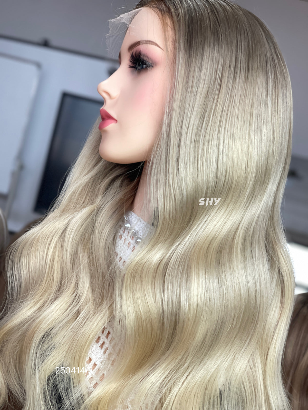 Ash Blonde Dark Root Middle-Part Body Wave Human Hair Lace Front Glueless Medical Wig, product view 9
