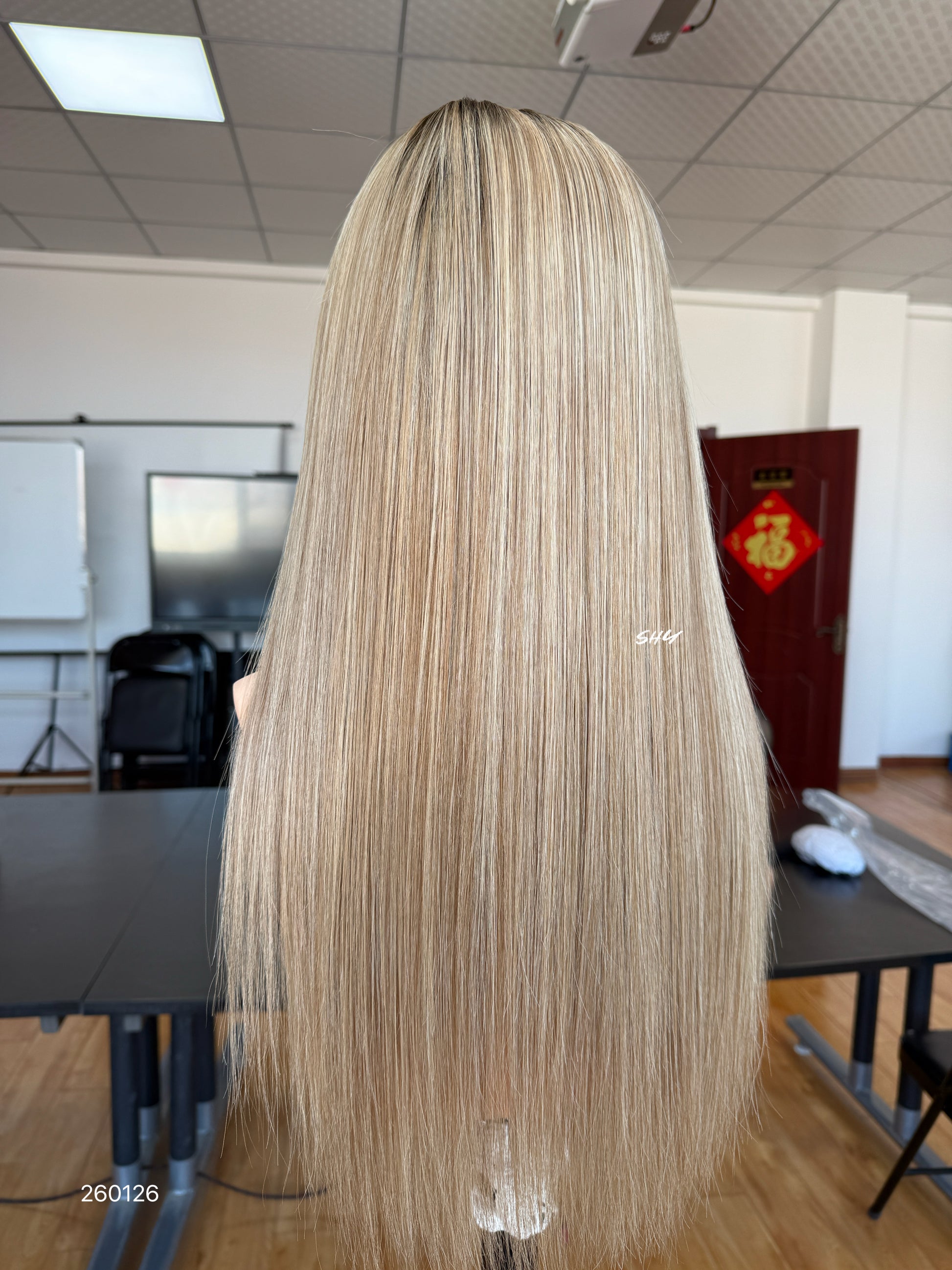 Dark Root Beige Blonde Highlighted Middle-Part Straight Human Hair Lace Front Glueless Medical Wig, product view 9