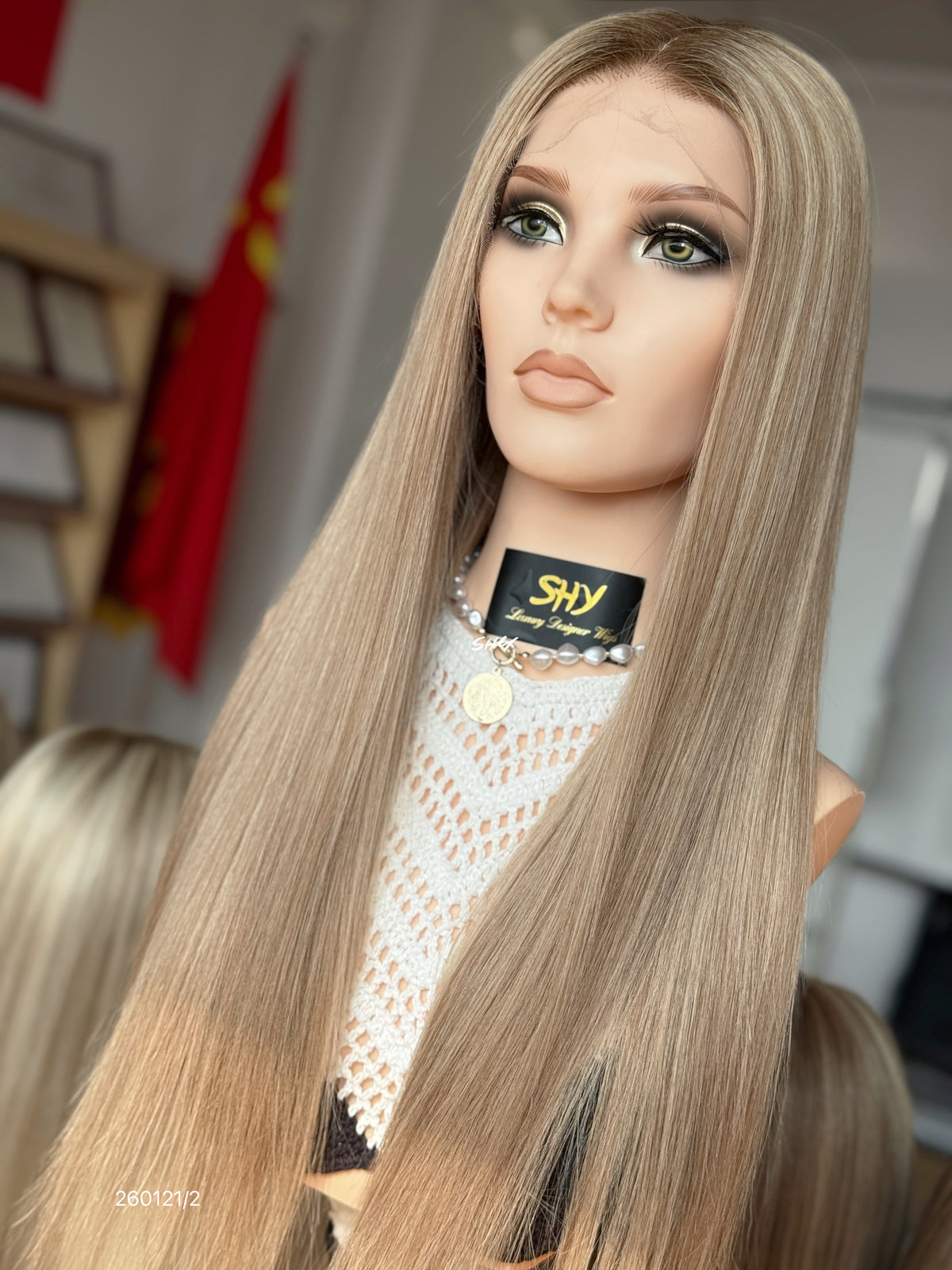 Brown Blonde Highlighted Middle-Part Long Straight Human Hair Lace Front Glueless Medical Wig, product view 9