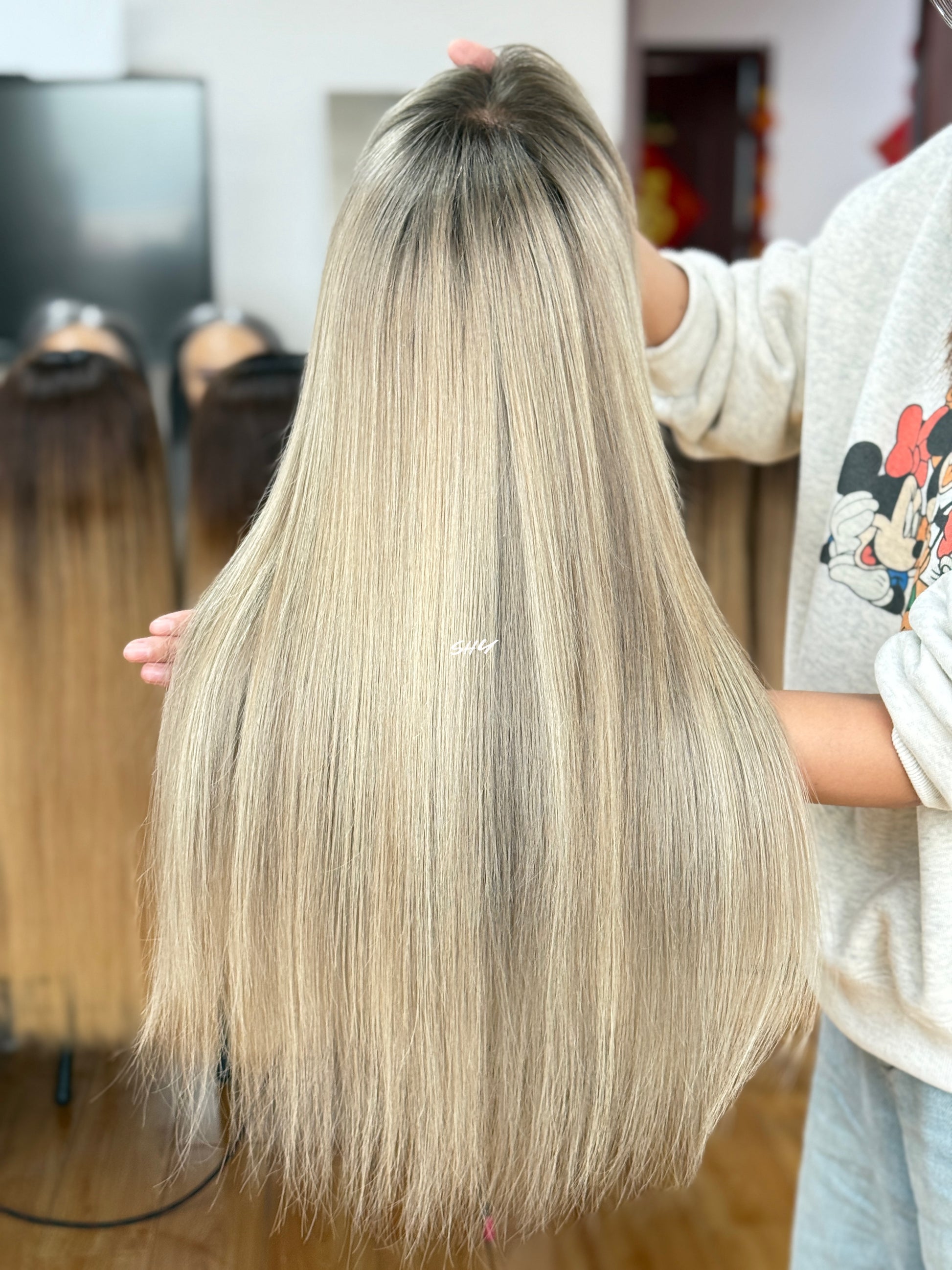 Ash Blonde Highlighted Full Bangs Shoulder-Length Straight Human Hair Lace Front Glueless Medical Wig, product view 9