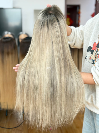 Ash Blonde Highlighted Full Bangs Shoulder-Length Straight Human Hair Lace Front Glueless Medical Wig, product view 9