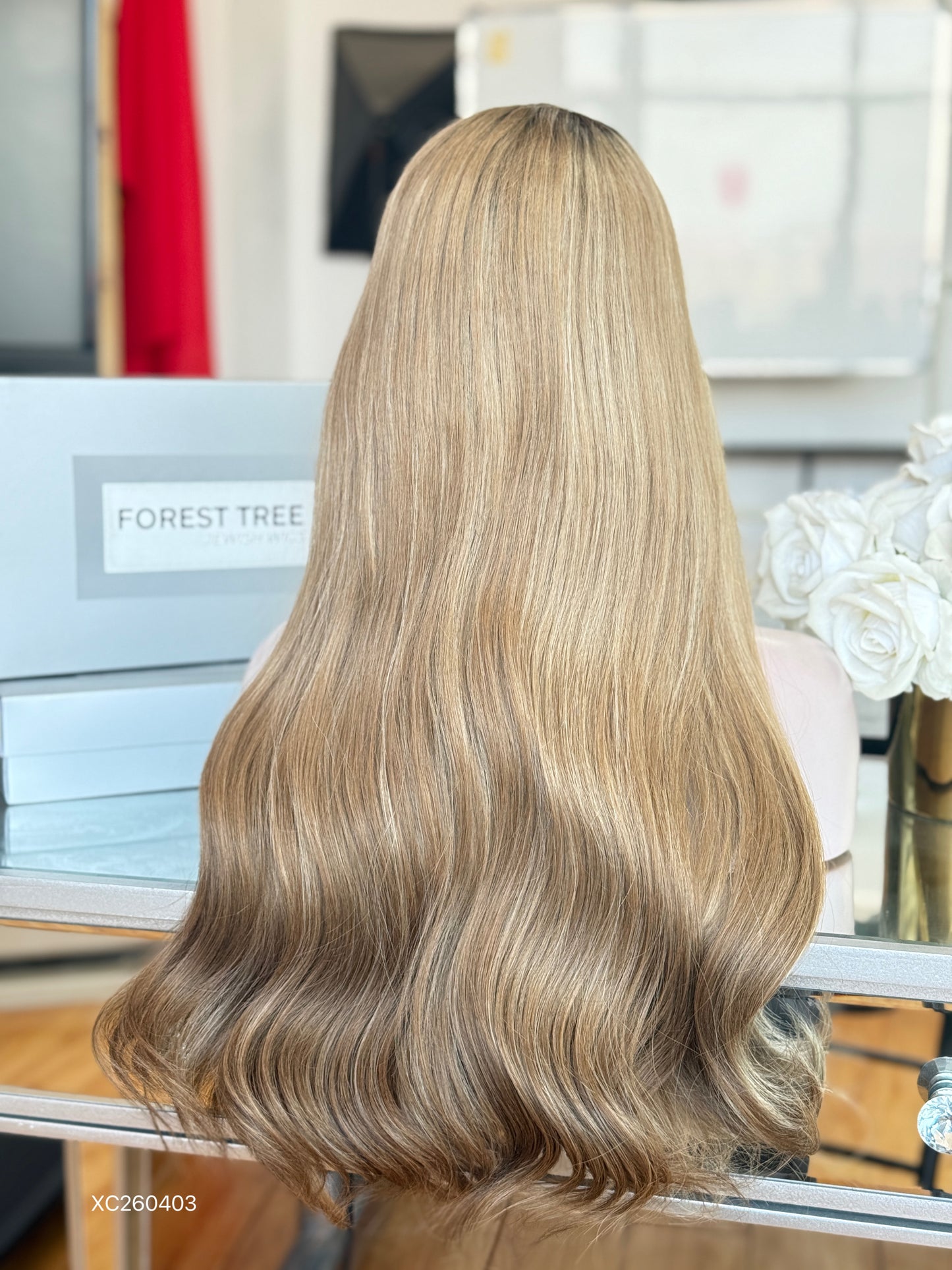 Dark Root Sandy Blonde Middle-Part Long Wavy Human Hair Sheitel Wig, product view 9