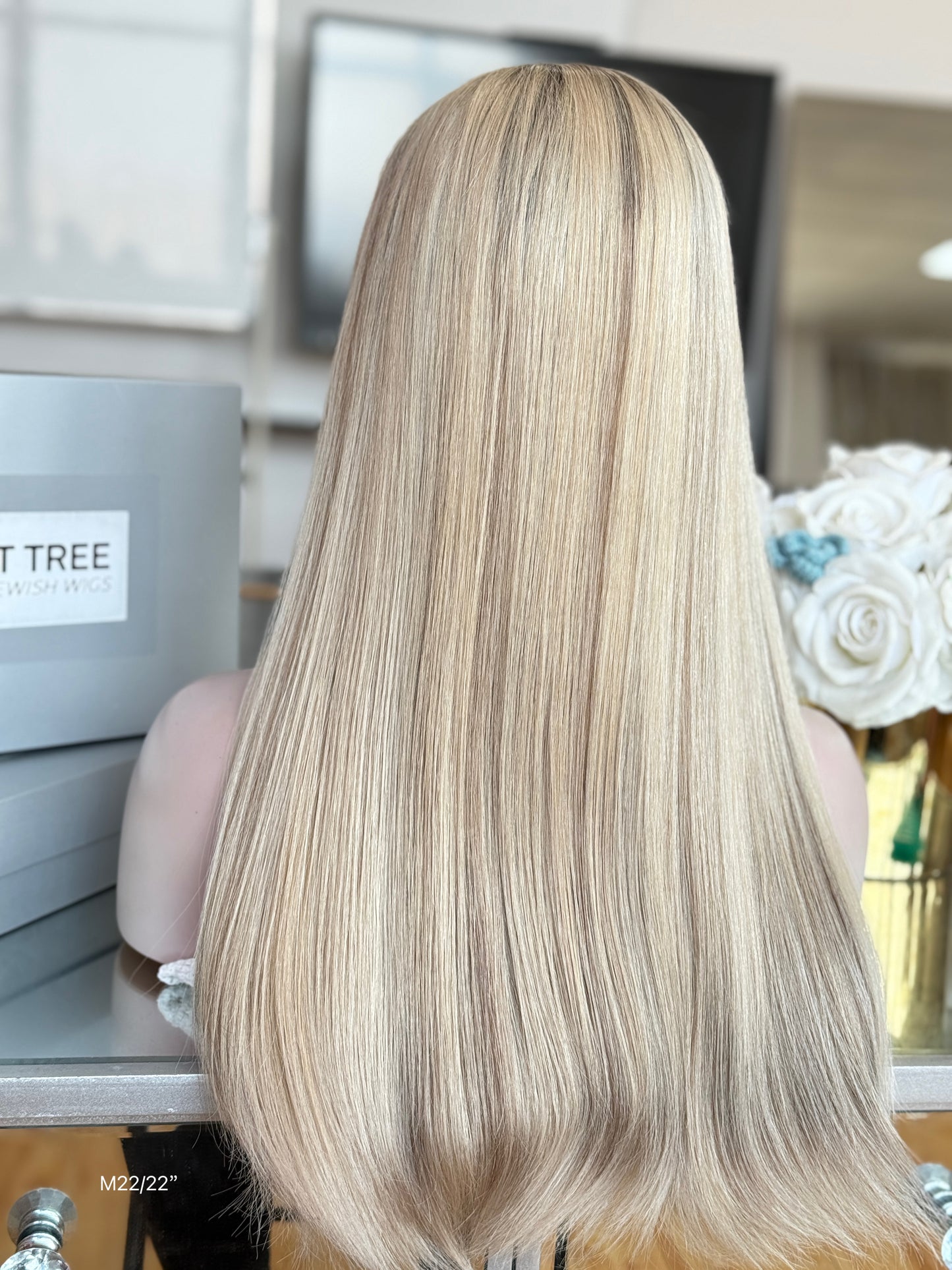 Pale Ash Blonde Middle-Part Long Straight Human Hair Sheitel Wig, product view 9