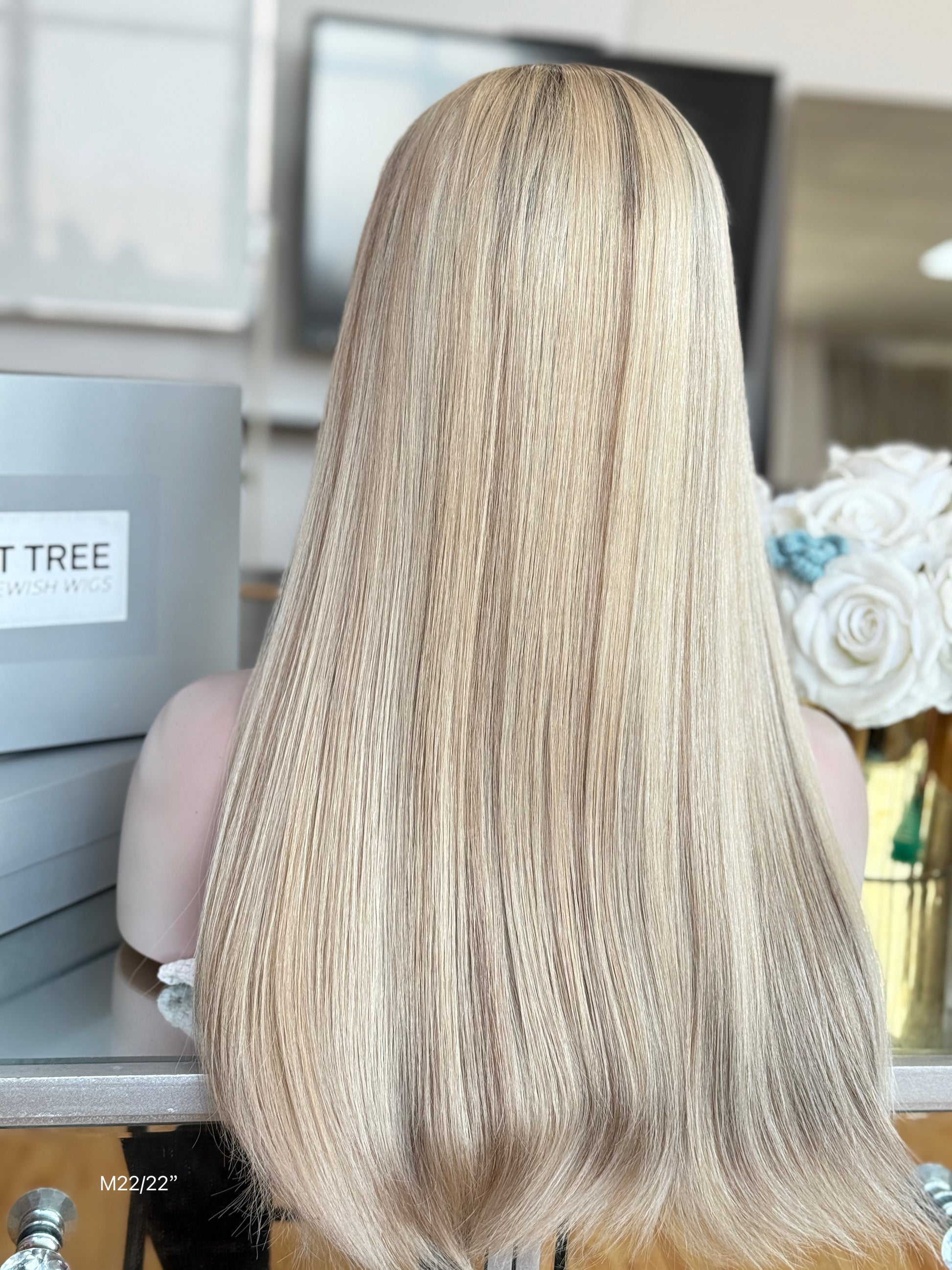 Pale Ash Blonde Middle-Part Long Straight Human Hair Sheitel Wig, product view 9