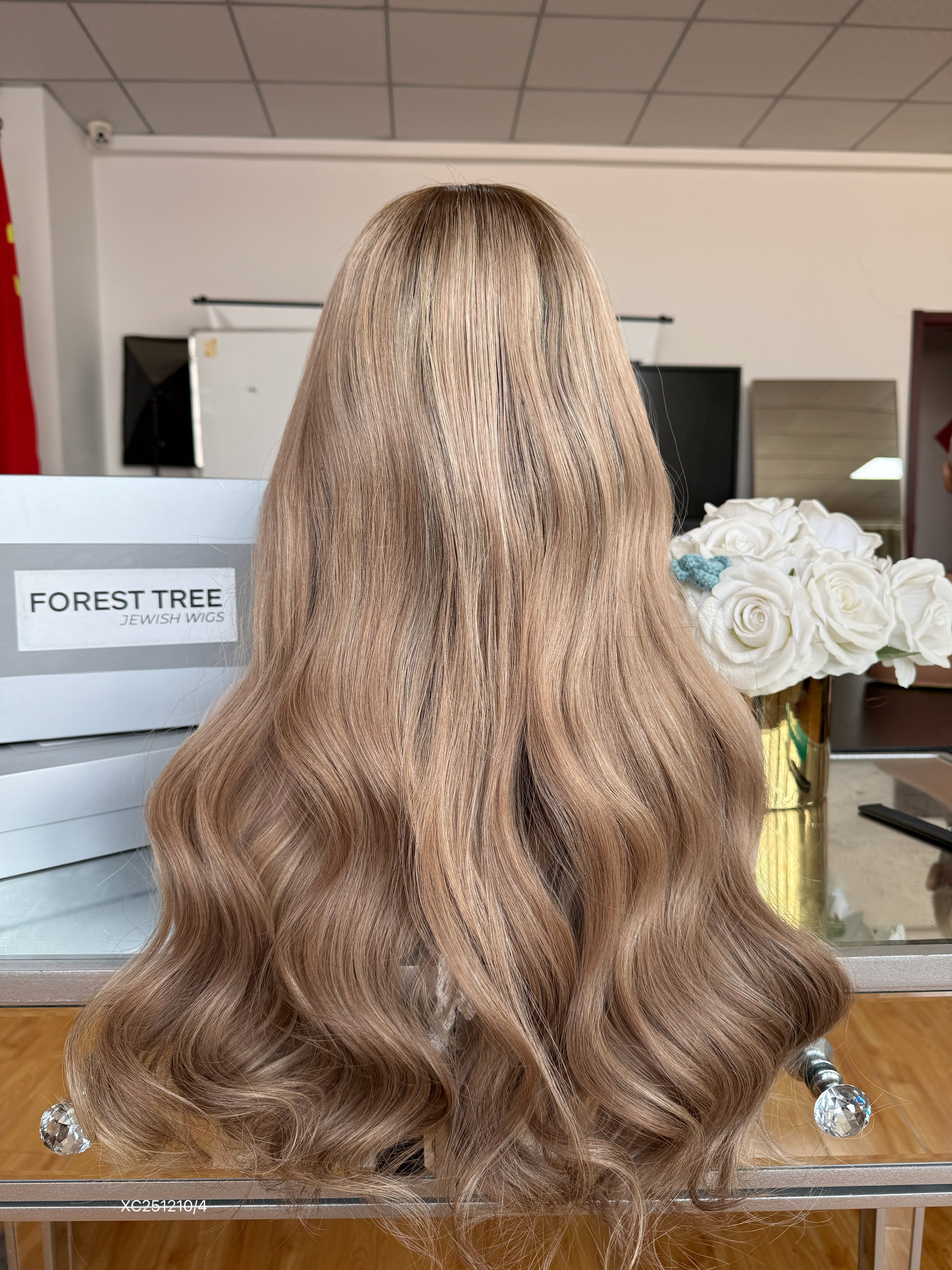 Beige Blonde Middle-Part Long Wavy Human Hair Sheitel Wig, product view 9